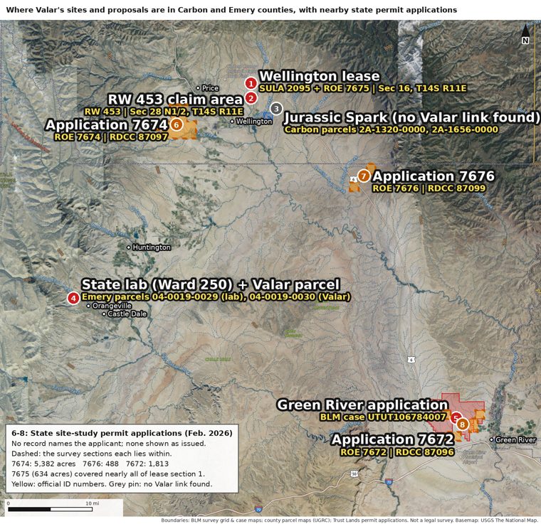 Map of every Valar site and proposal in Carbon and Emery counties