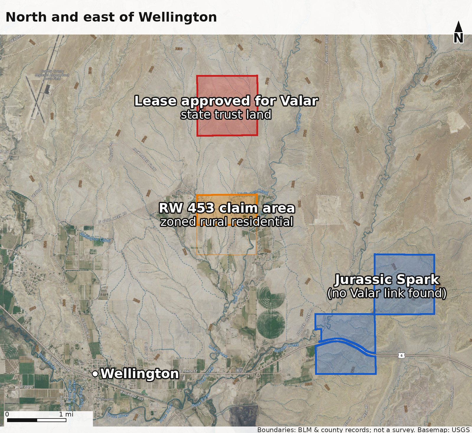 Map north and east of Wellington: the approved lease area, the RW 453 claim area and the Jurassic Spark parcels