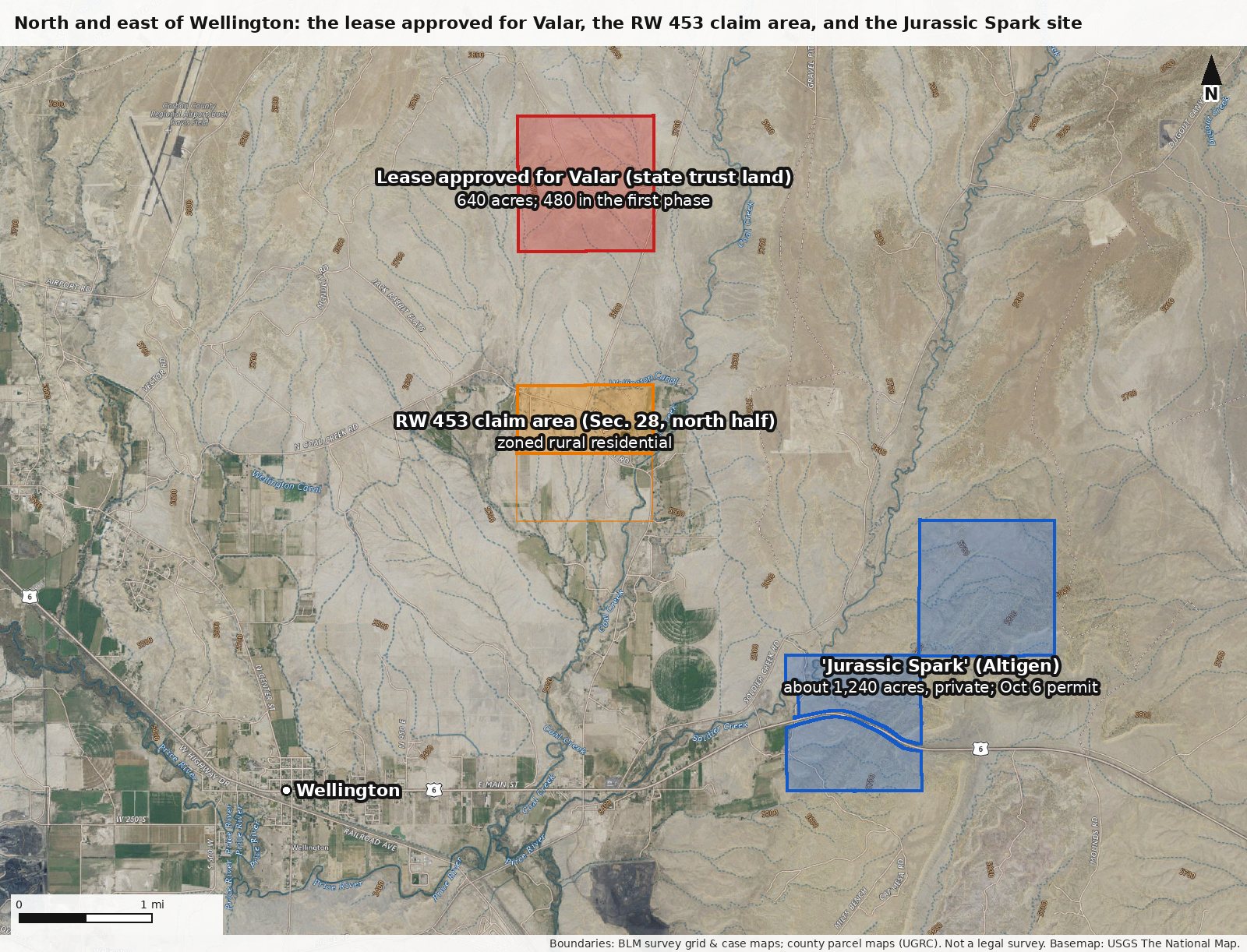 North and east of Wellington: the lease approved for Valar, the RW 453 claim area, and the Jurassic Spark site